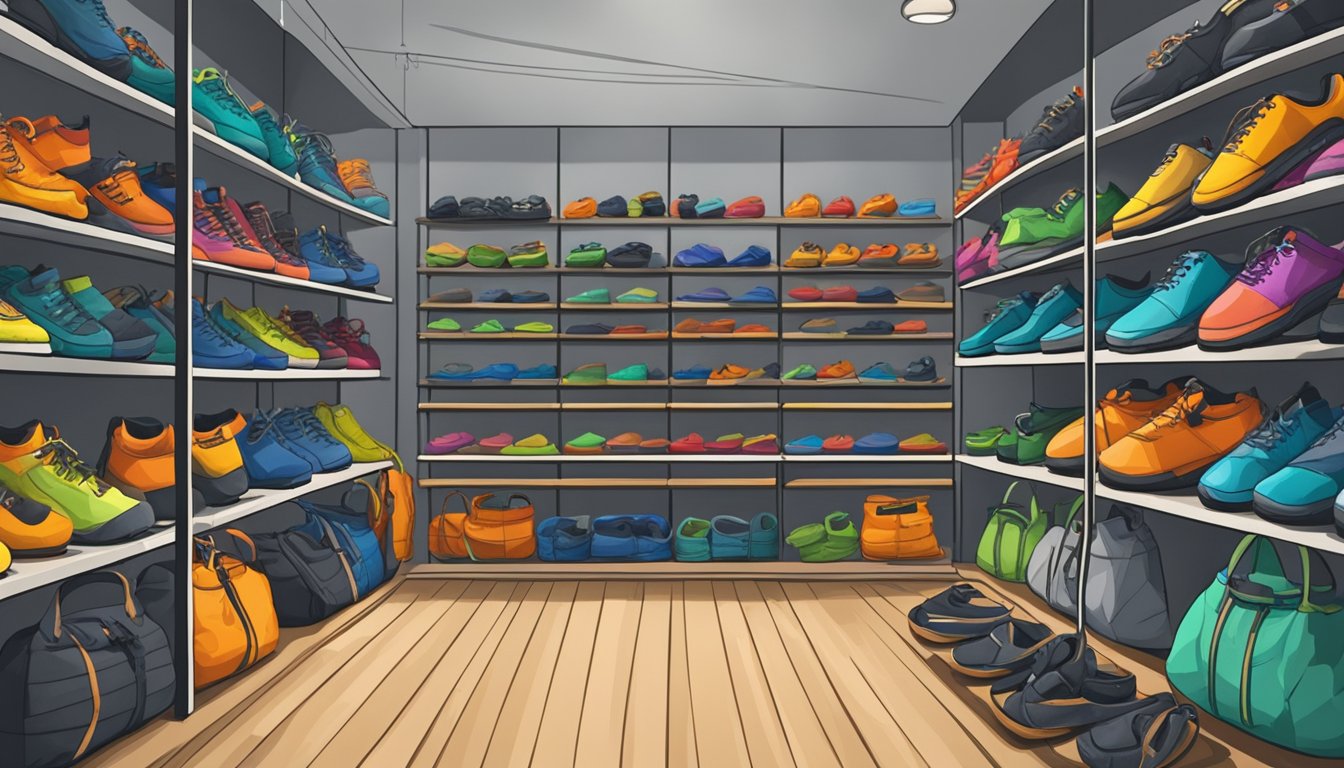 A climbing shop in Singapore, with shelves stocked with ropes, harnesses, and carabiners. A display of climbing shoes and chalk bags near the entrance