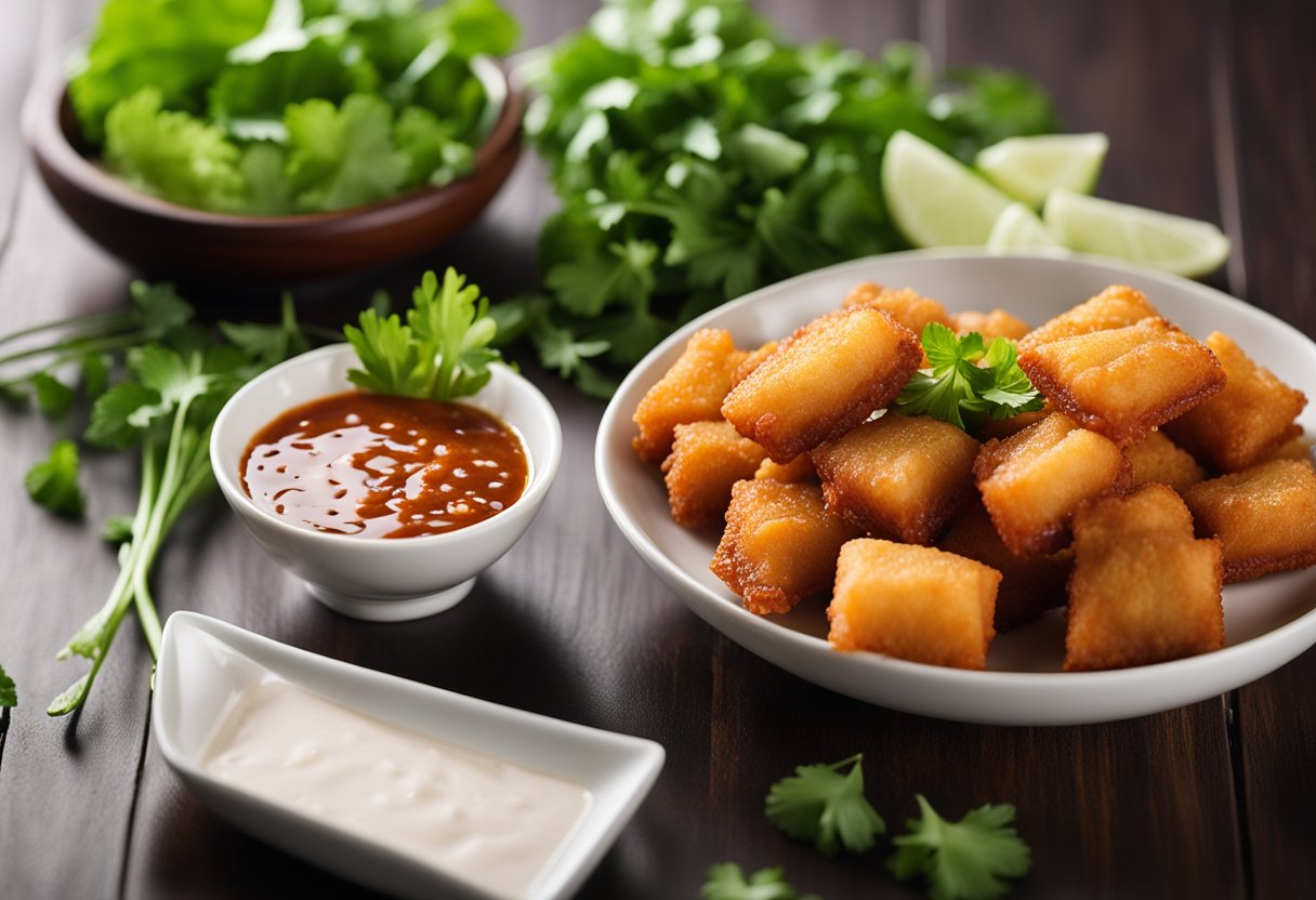 A plate of crispy fried tau kwa with a side of tangy dipping sauce, garnished with fresh cilantro and sliced green onions