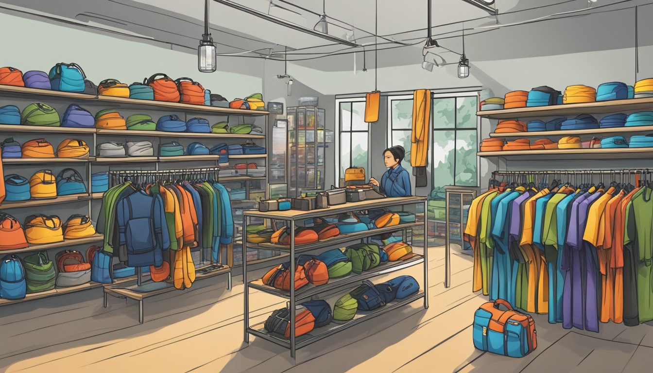 A bustling outdoor gear store in Singapore, shelves stocked with climbing ropes, carabiners, and harnesses. Customers browsing and asking staff for advice
