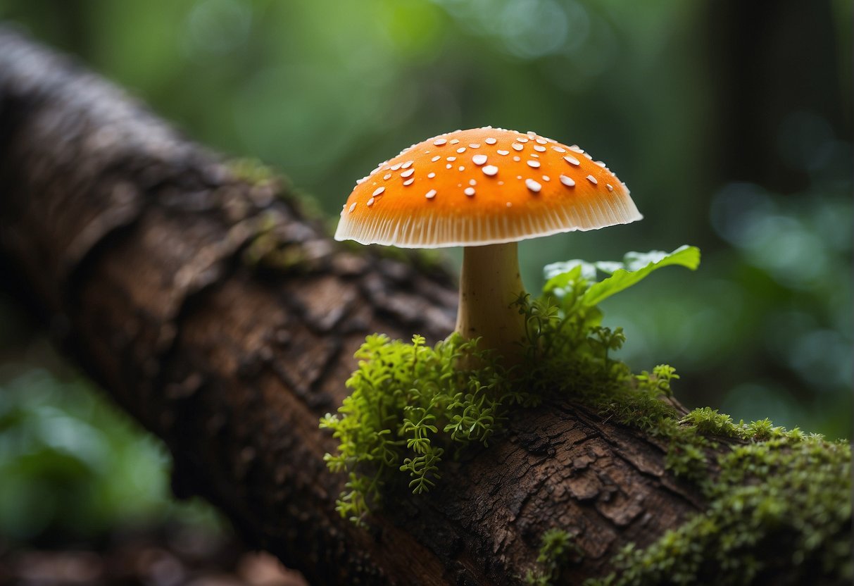 A vibrant lingzhi mushroom growing on a decaying tree trunk, surrounded by lush green foliage