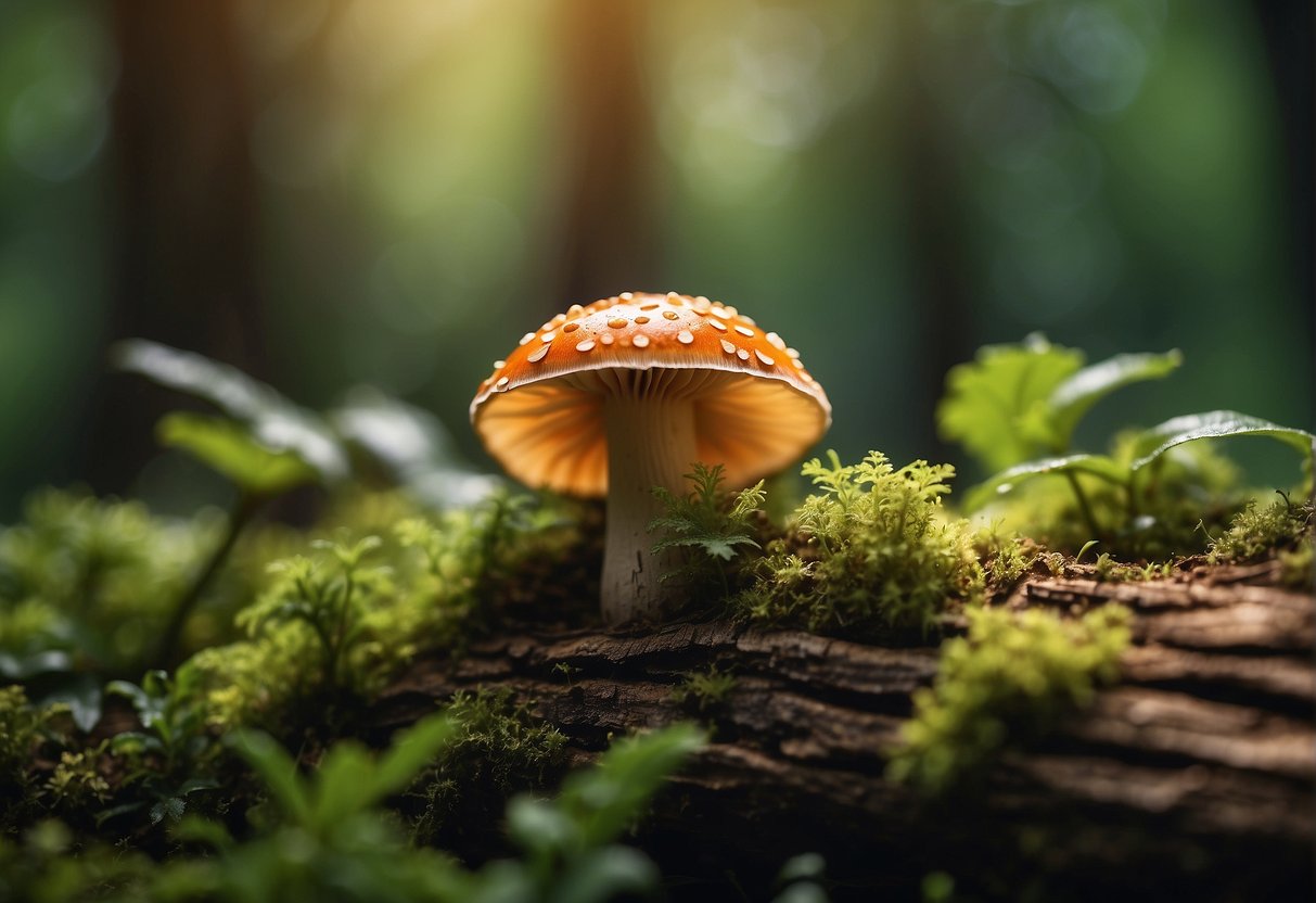 A vibrant Lingzhi mushroom growing on a decaying log, surrounded by lush greenery and small forest creatures