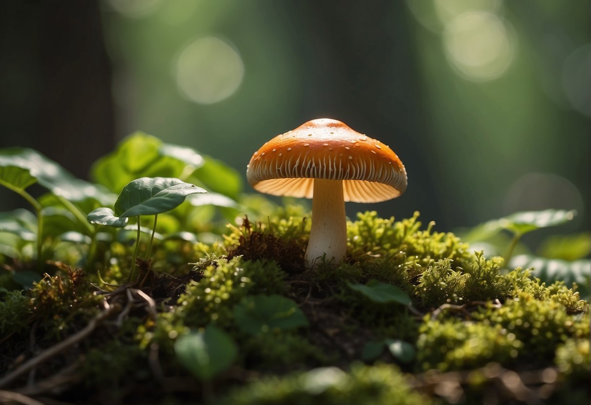 A vibrant Lingzhi mushroom surrounded by leaves and sunlight, symbolizing its health benefits