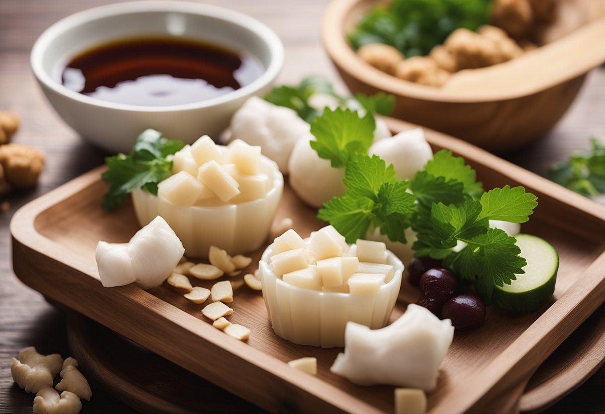 A bowl of freshly made tau kwa sits on a wooden cutting board, surrounded by ingredients like soy sauce, ginger, and garlic. A recipe book is open to the page for "Frequently Asked Questions tau kwa recipe chinese."
