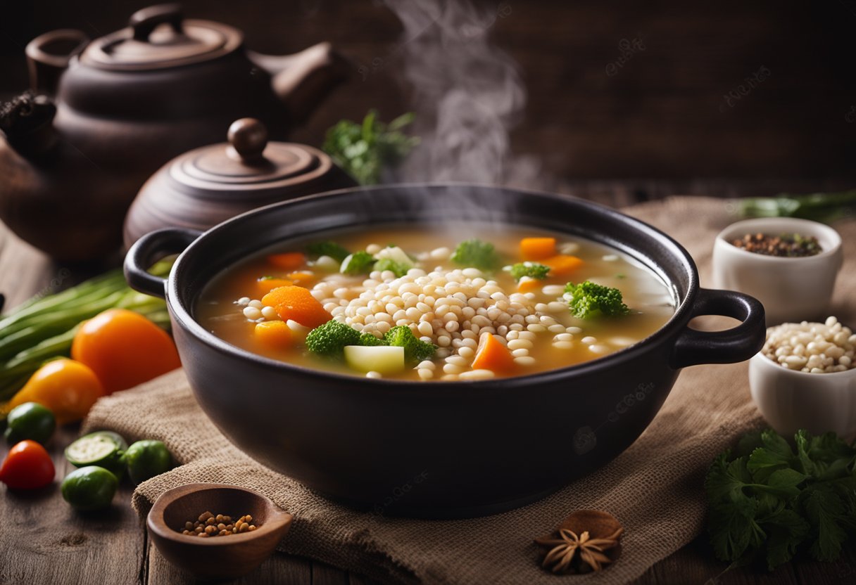 A steaming pot of Chinese pearl barley soup sits on a rustic wooden table, surrounded by colorful vegetables and aromatic spices