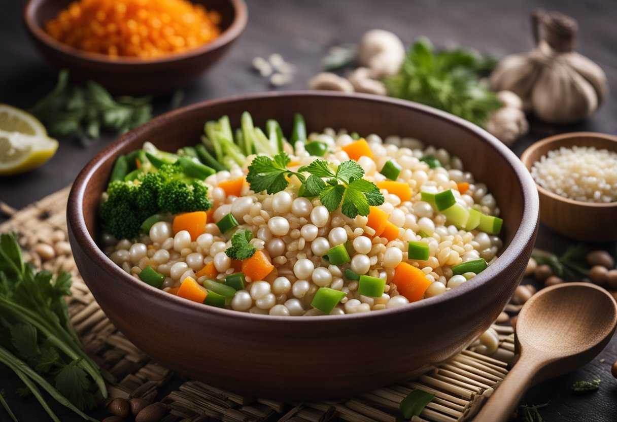 A bowl of cooked Chinese pearl barley surrounded by fresh ingredients like vegetables, herbs, and spices. A steaming pot and a wooden spoon are nearby