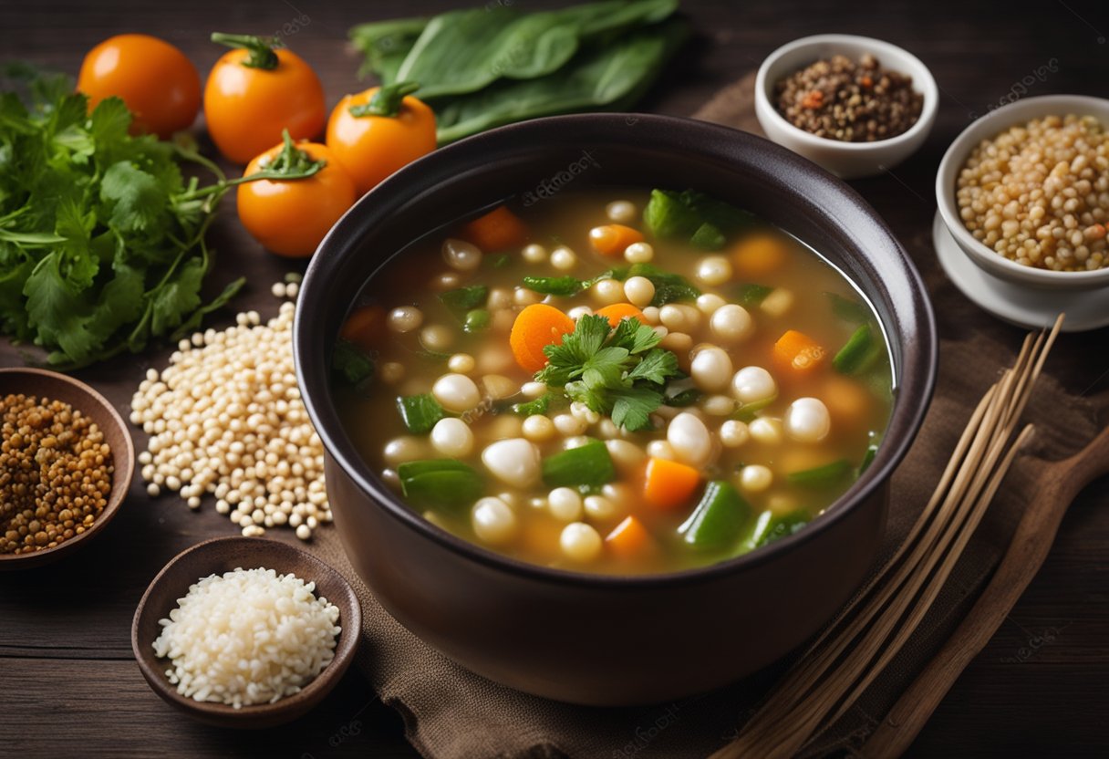 A steaming pot of Chinese pearl barley soup sits on a wooden table, surrounded by fresh vegetables and fragrant spices