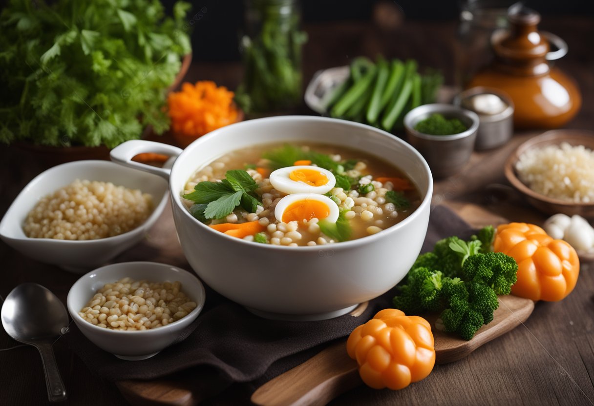 A steaming bowl of Chinese pearl barley soup, garnished with fresh herbs and served with a side of stir-fried vegetables