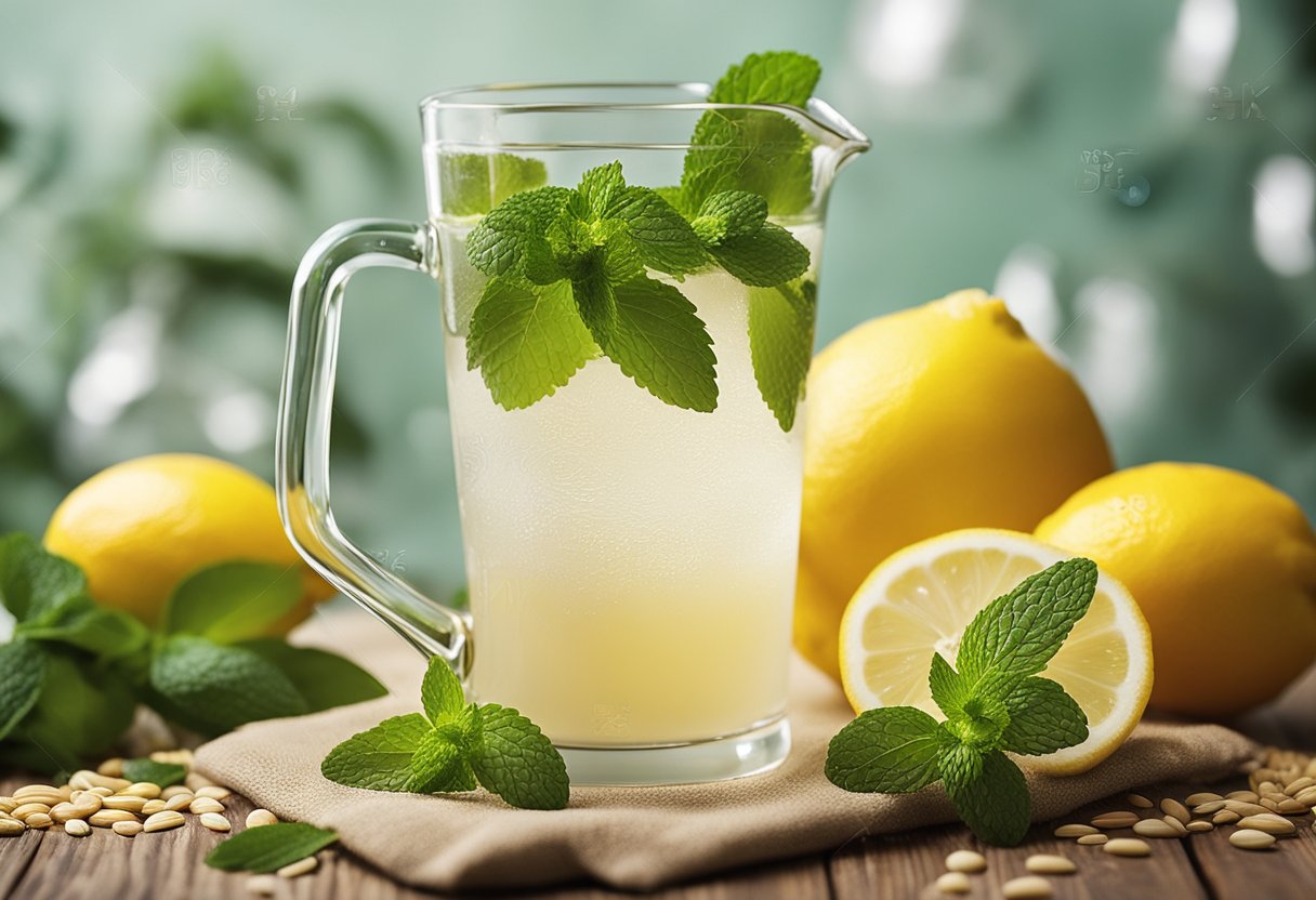 A glass pitcher filled with chilled barley drink surrounded by fresh ingredients like lemons, mint leaves, and Chinese pearl barley