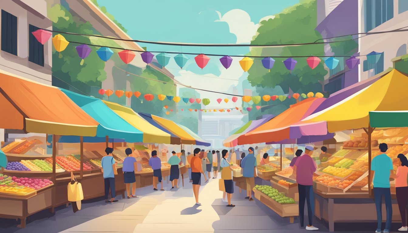 A bustling street market in Singapore, with colorful stalls selling mini fruit tarts. Vendors display their delicious treats under bright umbrellas, enticing passersby with the sweet aroma of freshly baked pastries