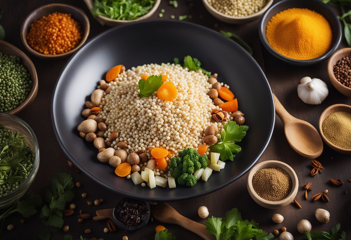 A table filled with ingredients like Chinese pearl barley, vegetables, and spices. A chef's hand pouring a substitute ingredient into a mixing bowl