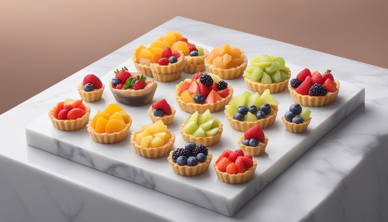 A display of colorful mini fruit tarts arranged on a pristine white marble countertop, surrounded by elegant pastel-colored packaging and a sign advertising "Best Mini Fruit Tarts in Singapore."