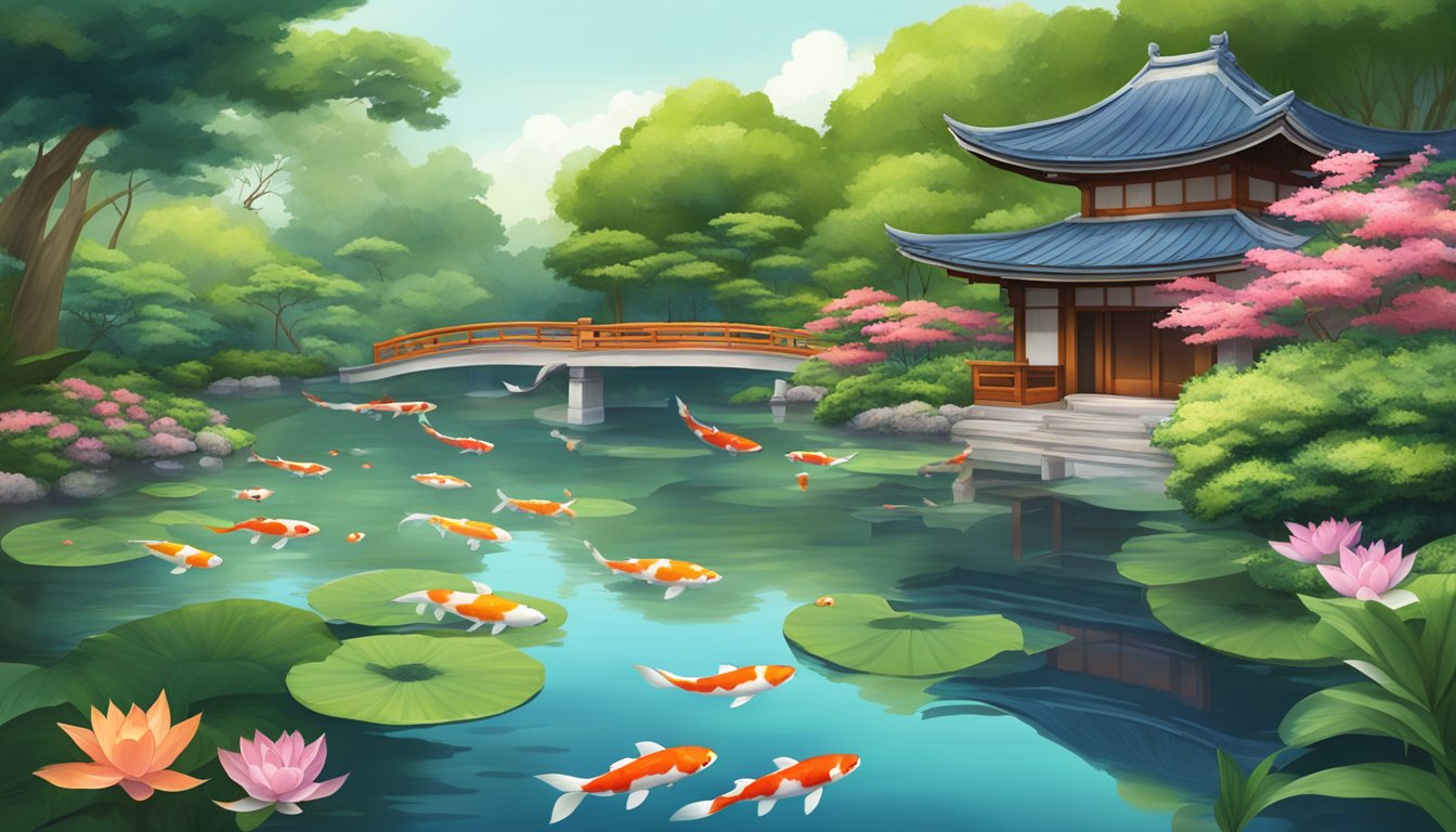 A serene pond with vibrant Japanese koi swimming gracefully, surrounded by lush greenery and traditional Japanese architecture in Singapore