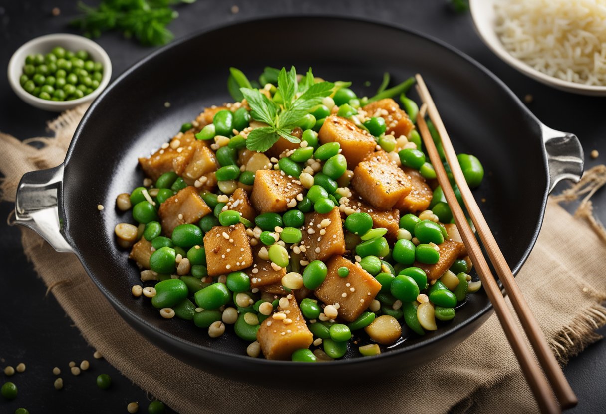 A wok sizzles with stir-fried peas, garlic, and soy sauce. A sprinkle of sesame seeds adds a finishing touch