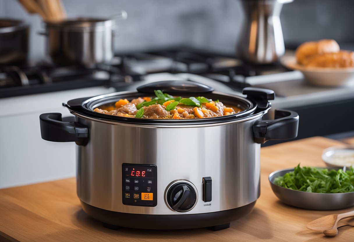 A steaming thermal cooker filled with traditional Chinese recipes sits on a kitchen counter, emitting delicious aromas of slow-cooked meats and savory spices
