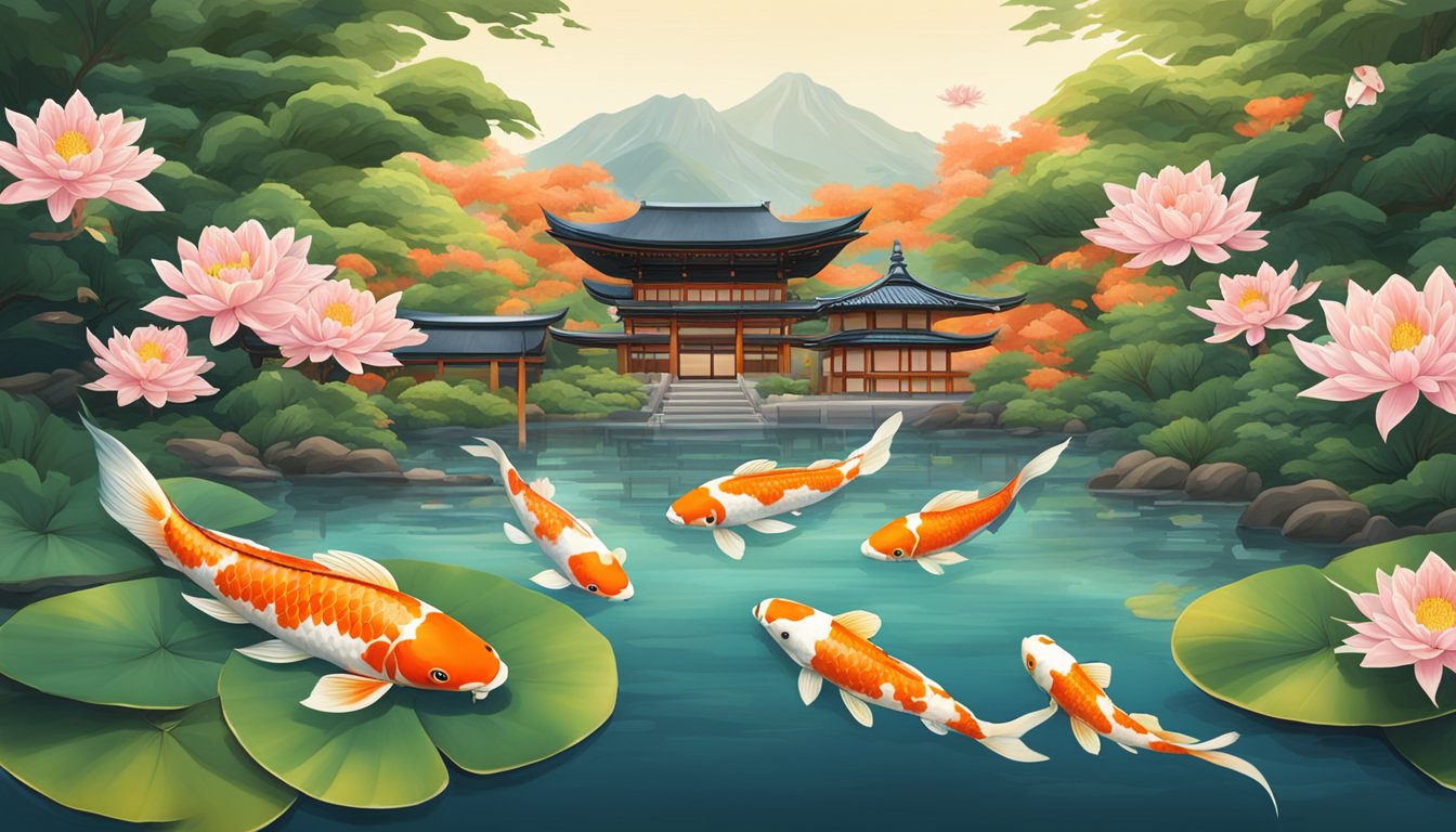 Vibrant Japanese koi swim gracefully in a tranquil pond, surrounded by lush greenery and traditional Japanese architecture
