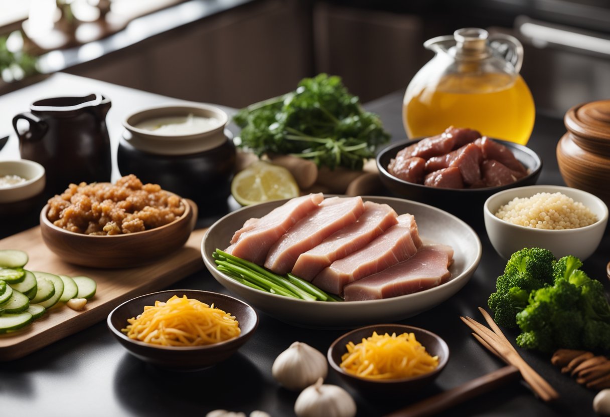 A table with Chinese ingredients: ginger, garlic, soy sauce, vinegar, and various meats and vegetables, next to a thermal cooker and recipe book