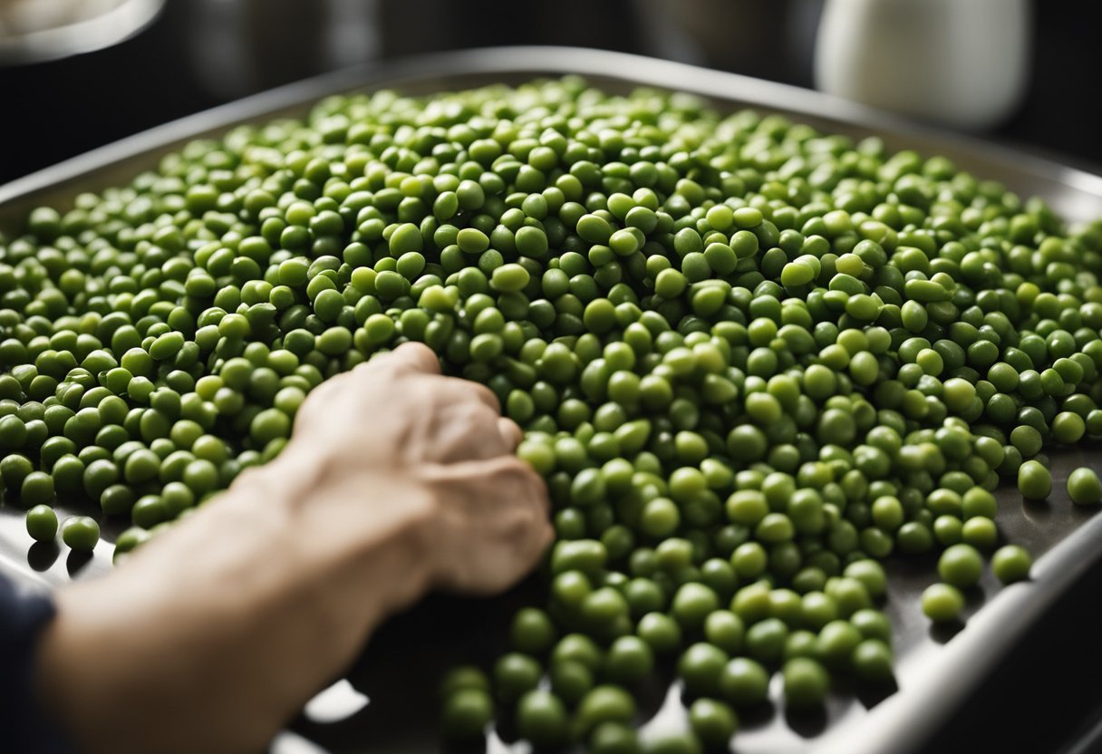 A hand reaching for fresh Chinese peas, ginger, garlic, and soy sauce on a kitchen counter