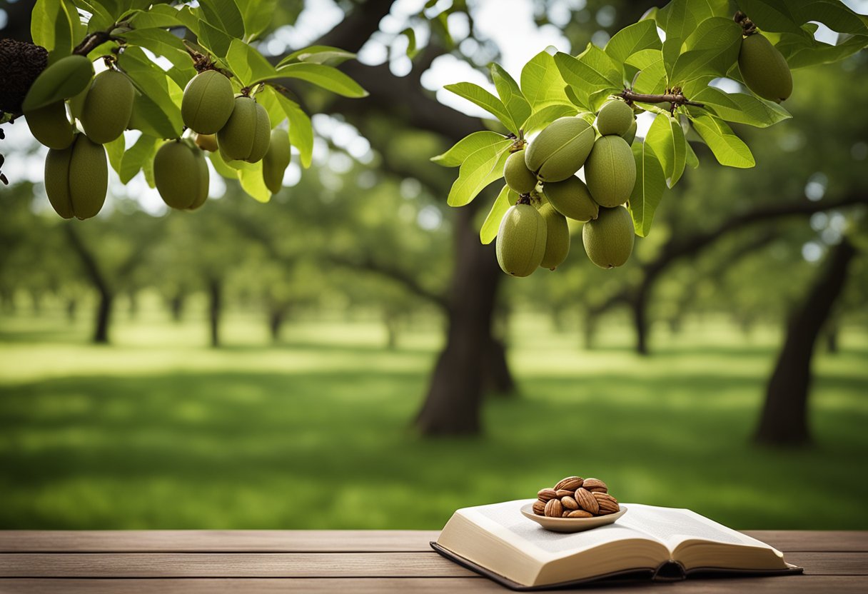 A lush orchard of mature pecan trees, with a mix of green and brown nuts hanging from the branches. A traditional Chinese recipe book lies open on a wooden table nearby