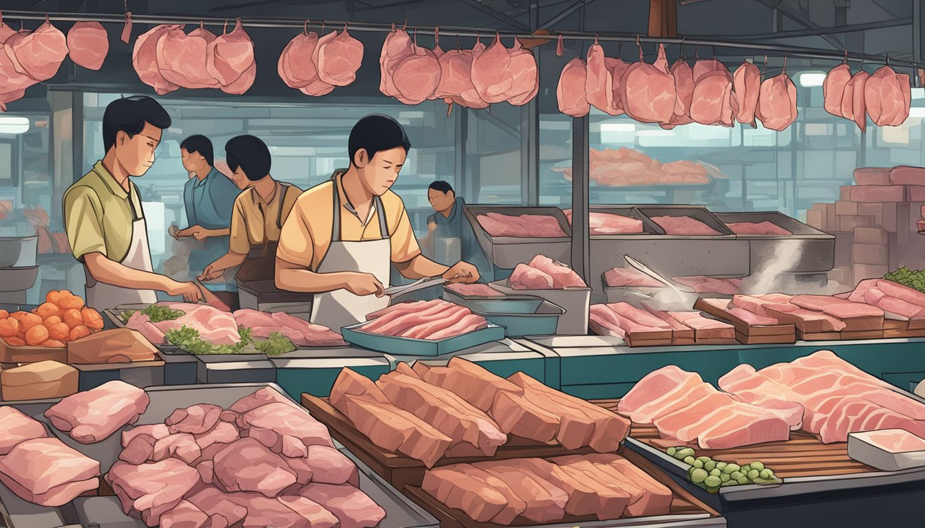 A bustling Singaporean market stall displays fresh pork jowl cuts for sale