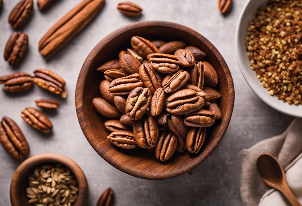 Pecans are being seasoned with Chinese spices in a mixing bowl. Ingredients surround the bowl on a wooden countertop