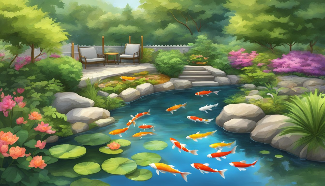 A colorful koi pond in a serene garden setting, with lush greenery and a peaceful atmosphere