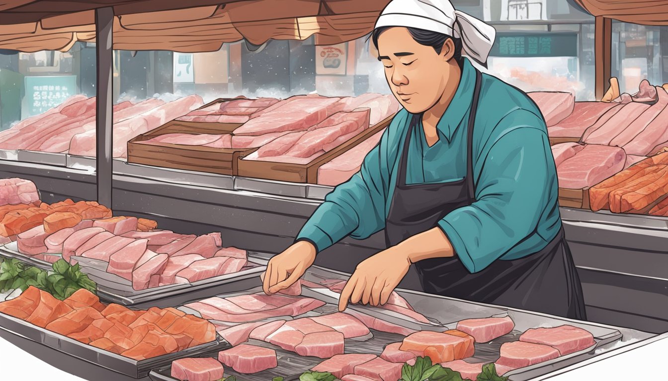 A bustling wet market stall displays fresh pork jowl on ice, with a vendor expertly slicing pieces for eager customers