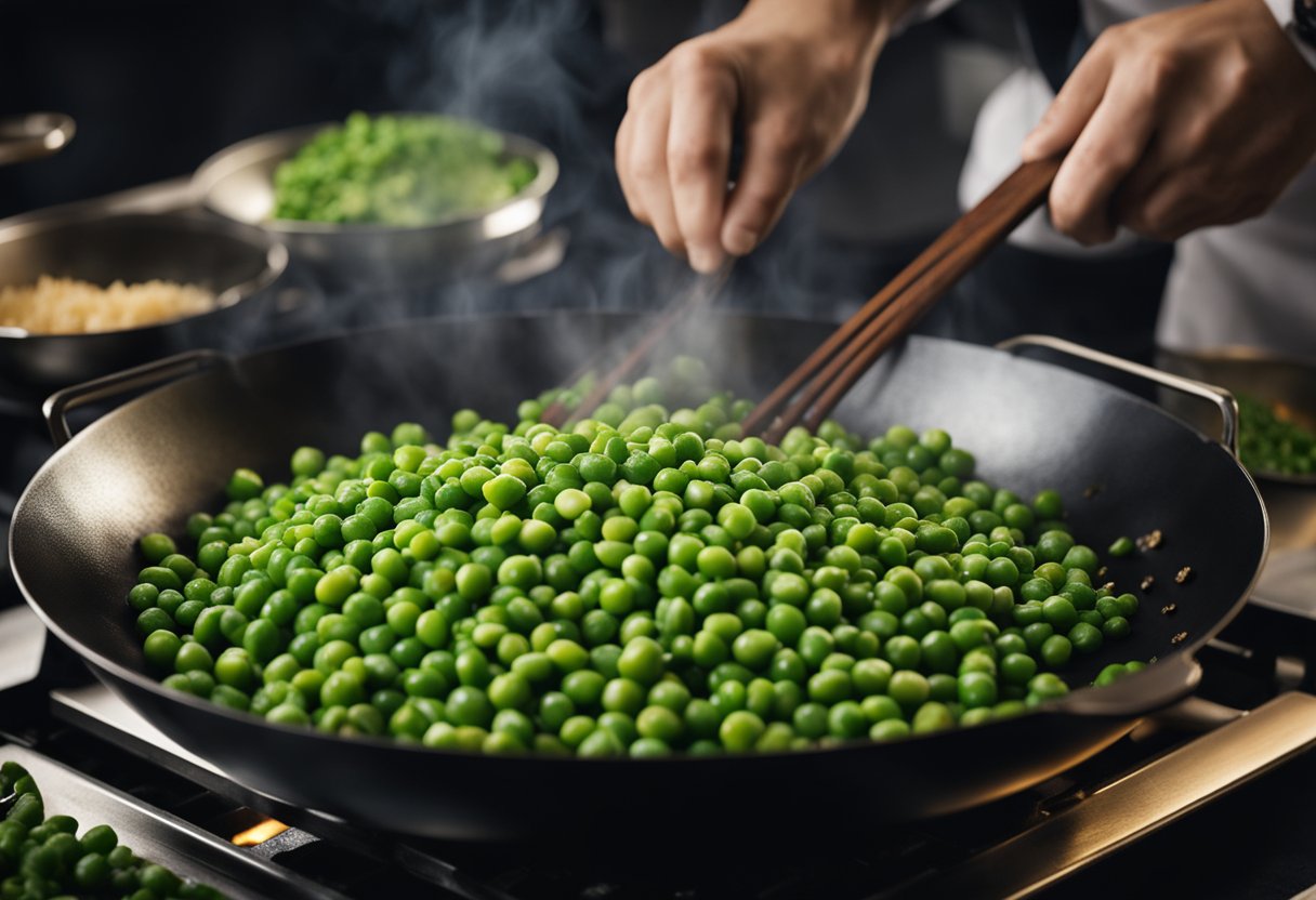 Chinese peas sizzling in a wok with garlic, ginger, and soy sauce. A chef tosses the peas with a quick and skillful flick of the wrist
