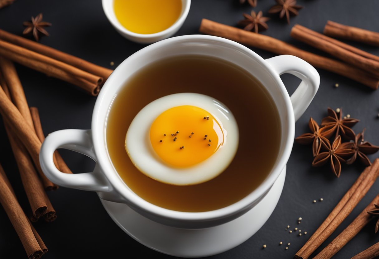 A pot of simmering tea-infused broth with eggs floating inside. Soy sauce, star anise, and cinnamon sticks are visible in the liquid