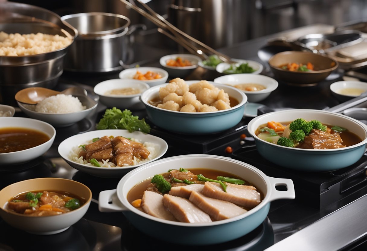 Various Chinese dishes being prepared in a thermal cooker, including braised pork belly, steamed fish, and soy sauce chicken. Ingredients and utensils are neatly arranged on a kitchen counter