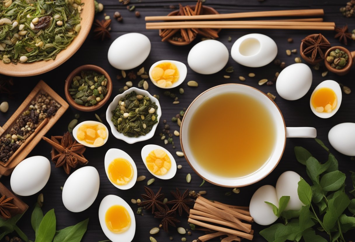 Tea leaf eggs simmer in fragrant broth, surrounded by aromatic spices and herbs, ready to be served in traditional Chinese dish