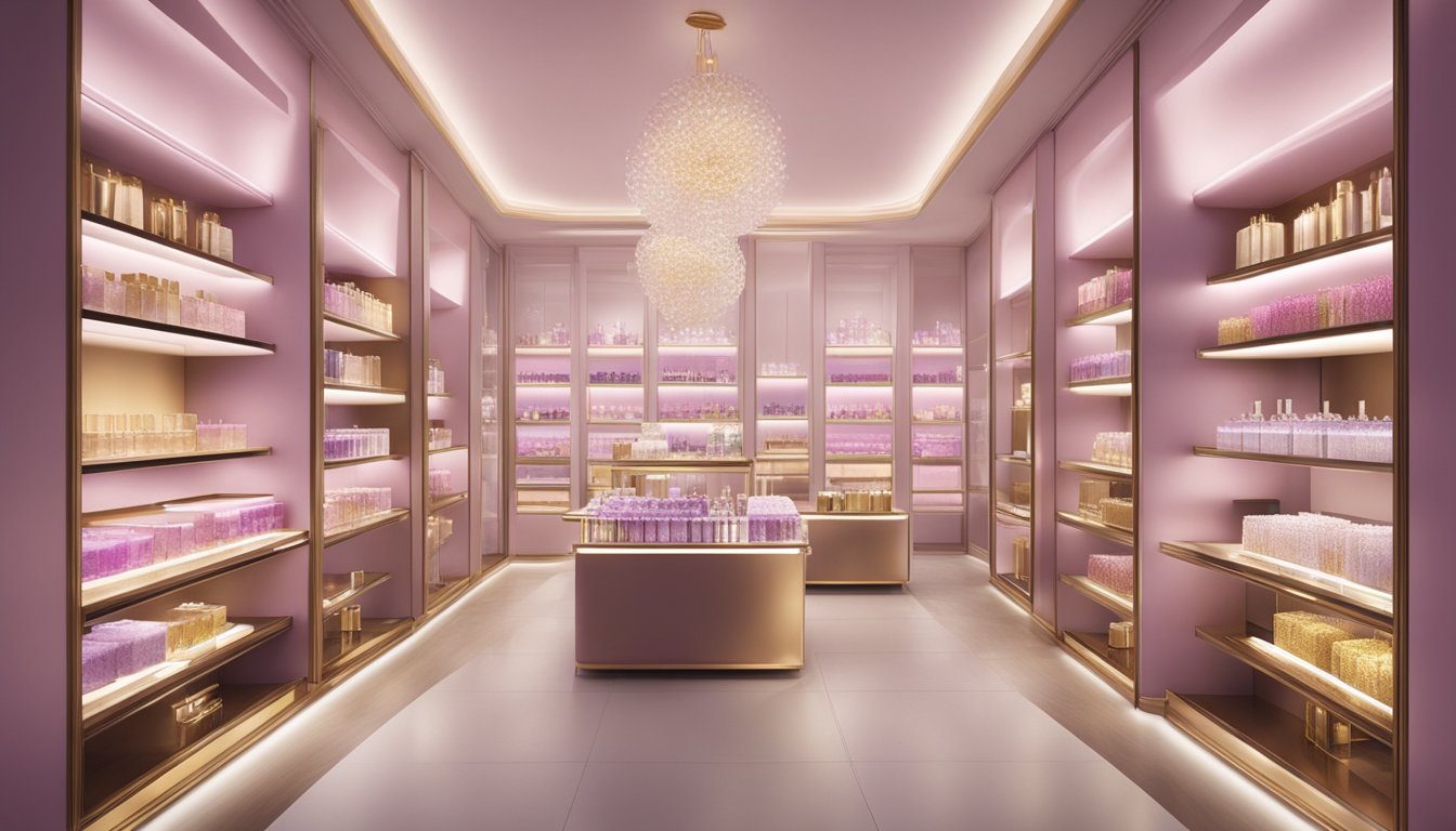 A bright and elegant boutique in Singapore, showcasing a variety of orchid perfumes on sleek shelves with soft lighting and minimalist decor