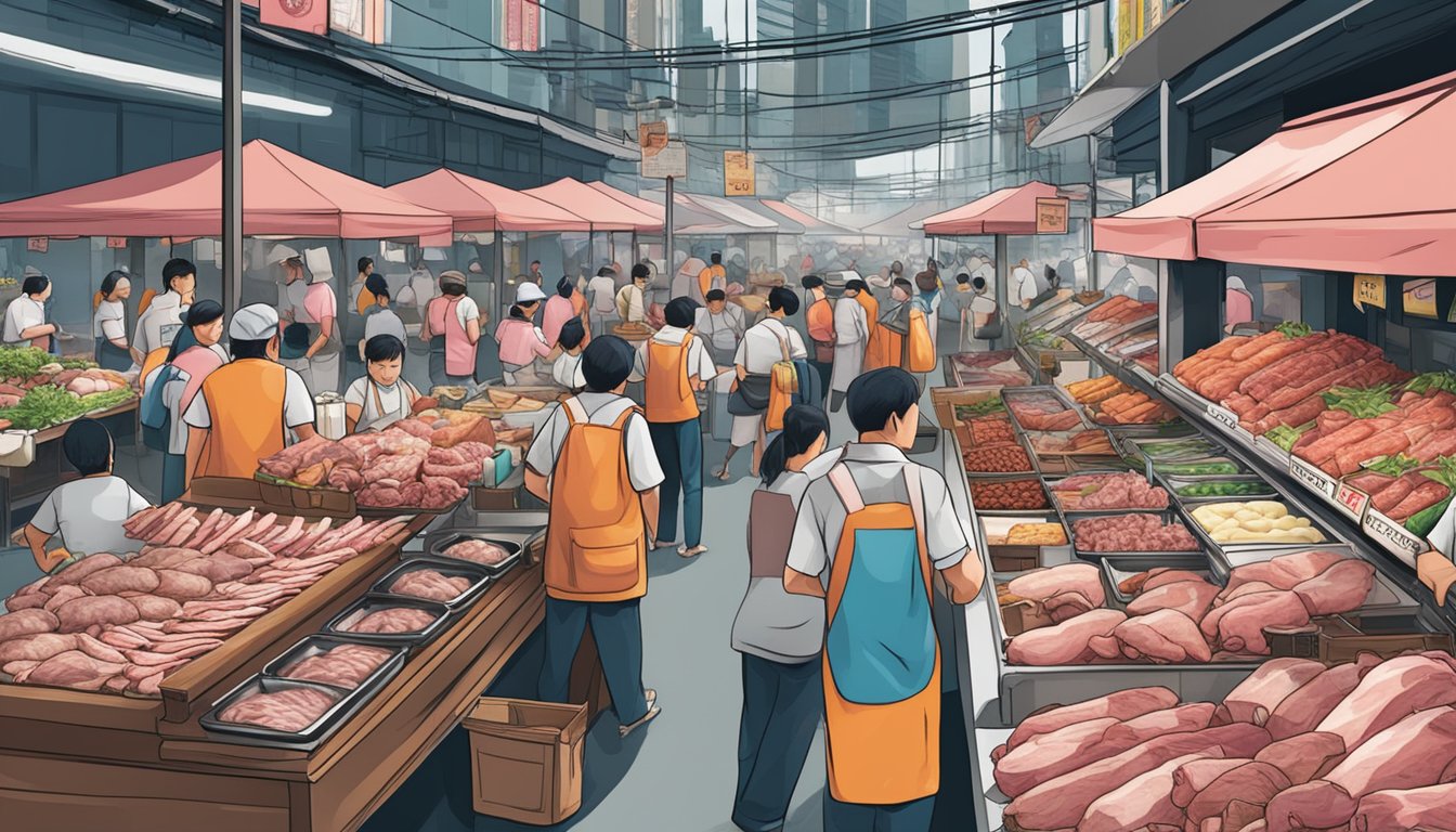 A busy marketplace with various meat vendors, displaying fresh pork jowl cuts in Singapore