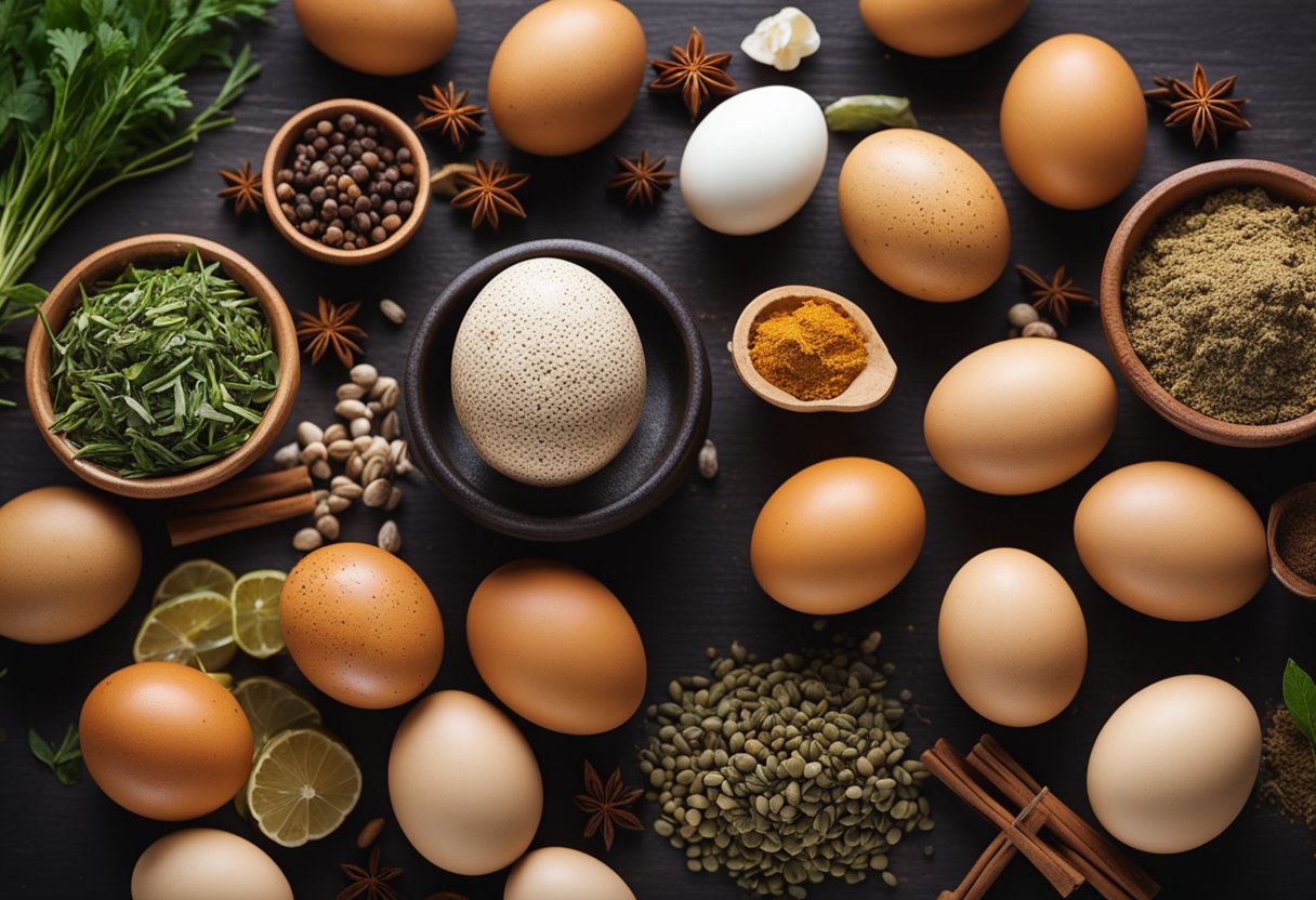 Tea-stained eggs sit in a pot, surrounded by various spices and herbs. A sign nearby lists dietary options and variations for the Chinese recipe