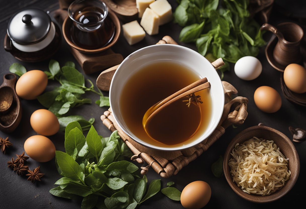 A pot of simmering tea-infused liquid with floating eggs, surrounded by ingredients and utensils for making Chinese tea leaf eggs