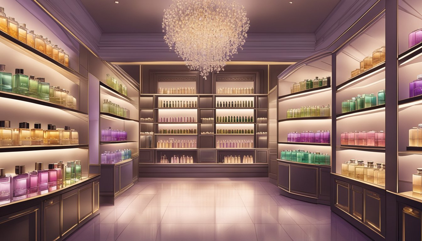 The shelves are lined with bottles of orchid perfume in a luxurious boutique in Singapore. The soft glow of the store lights highlights the elegant packaging and delicate floral scents