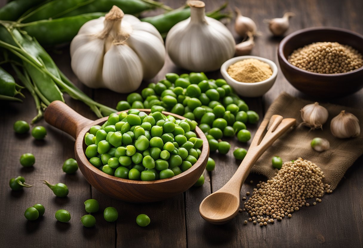 Fresh peas, garlic, and soy sauce on a wooden cutting board, surrounded by a mortar and pestle, a wok, and various spices