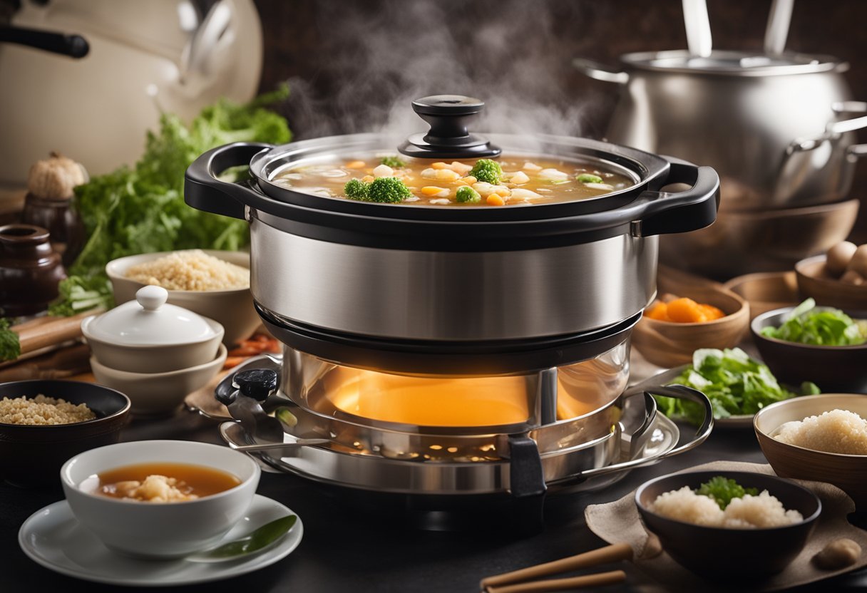 A pot of bubbling soup sits on a thermal cooker, surrounded by various Chinese cooking ingredients and utensils. Steam rises from the pot, indicating the dish is being prepared using traditional Chinese cooking techniques