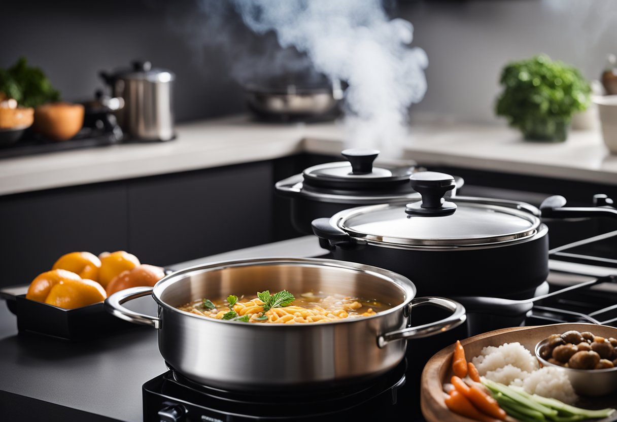 A thermal cooker sits on a countertop, steam rising from its pot of simmering Chinese ingredients. A cookbook with "Thermal Cooking Beyond the Kitchen" on the cover lies open beside it