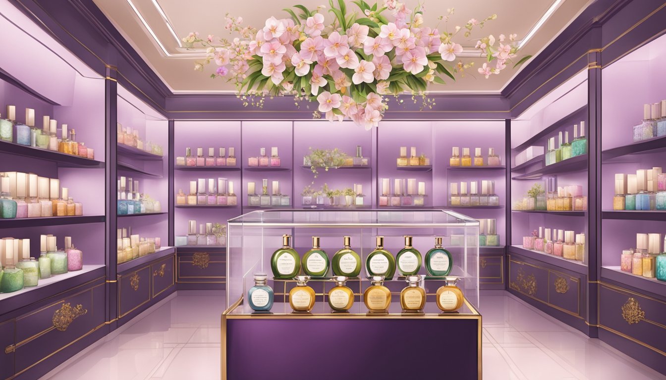 A display of orchid perfumes in a boutique in Singapore, with elegant bottles and delicate floral arrangements, inviting customers to explore and purchase