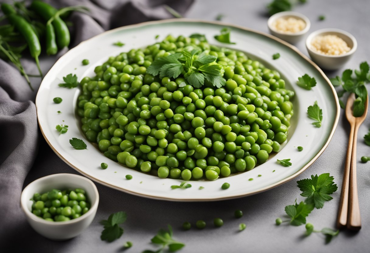 A plate of steaming Chinese peas is elegantly arranged with a drizzle of savory sauce and garnished with fresh herbs, ready to be served