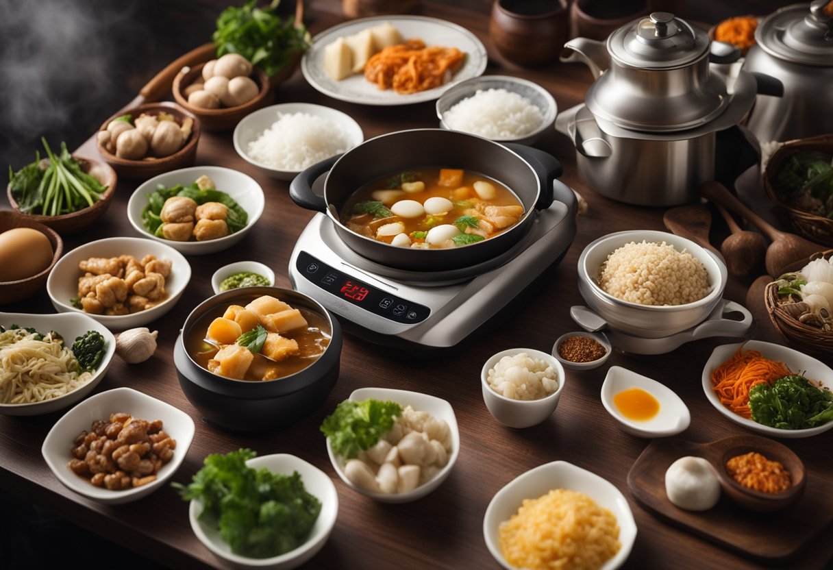 A table with a thermal cooker surrounded by various Chinese recipe ingredients and cooking utensils