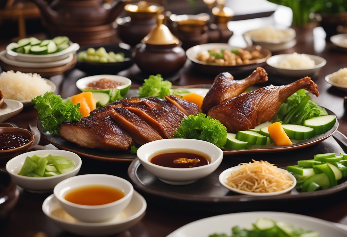 A whole roasted Peking duck with crispy skin and juicy meat, surrounded by traditional Chinese ingredients like scallions, cucumbers, and hoisin sauce