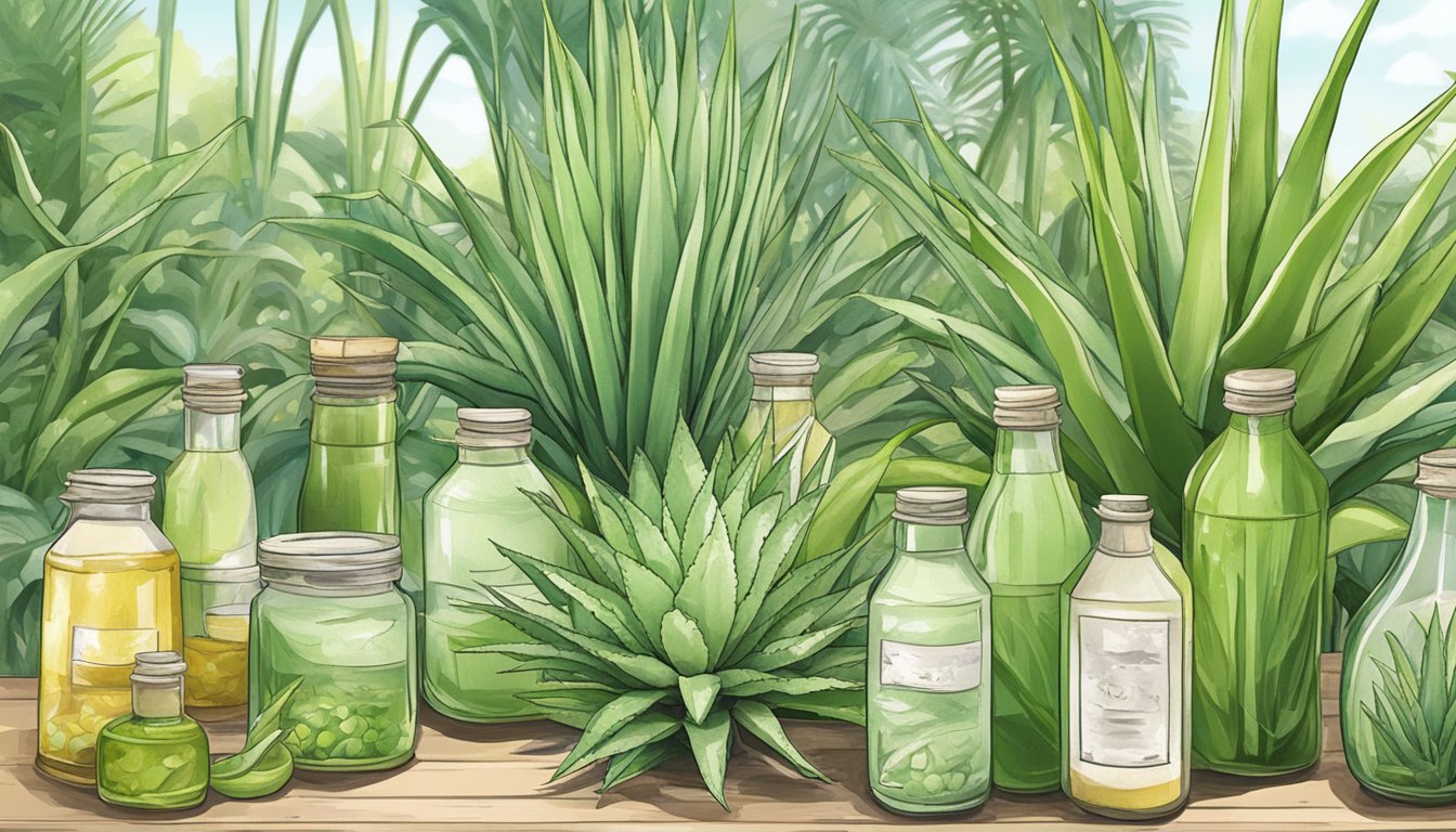 Aloe vera plants growing in a lush garden, with bottles of aloe vera juice displayed on a table at a market in Singapore