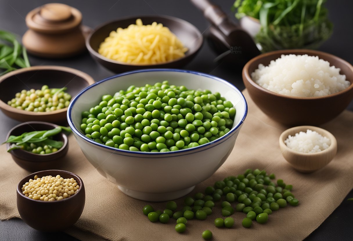 A bowl of Chinese peas surrounded by ingredients and cooking utensils