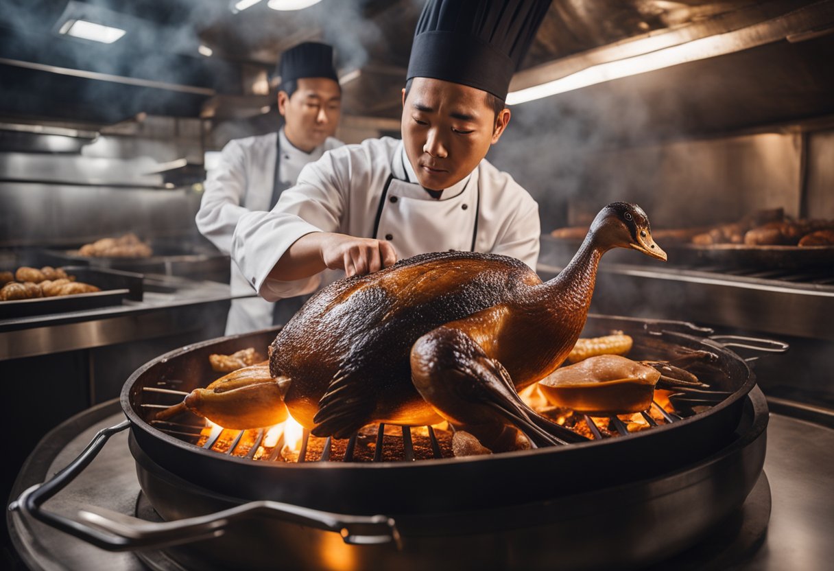 A chef roasting a whole duck in a traditional Chinese oven, with aromatic spices and a glaze being brushed on