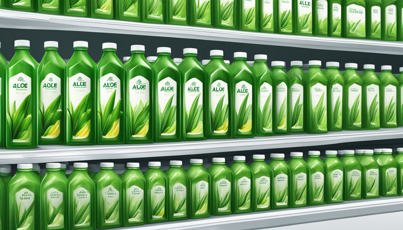 Aloe vera juice bottles on shelves in a Singaporean grocery store. Bright, modern packaging with clear labels. Fresh green aloe leaves nearby