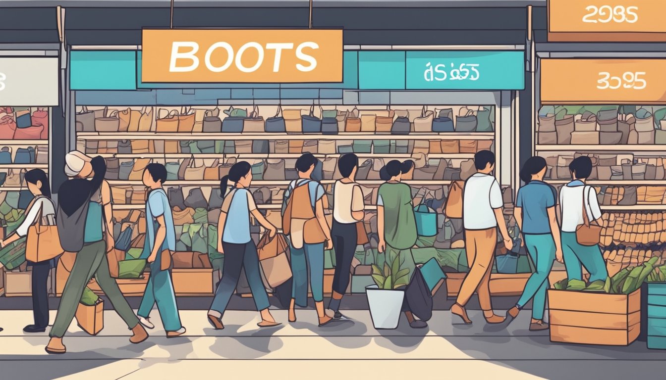 Customers browse rows of discounted boots at a bustling market in Singapore. Signs advertise affordable prices, drawing in shoppers seeking stylish footwear