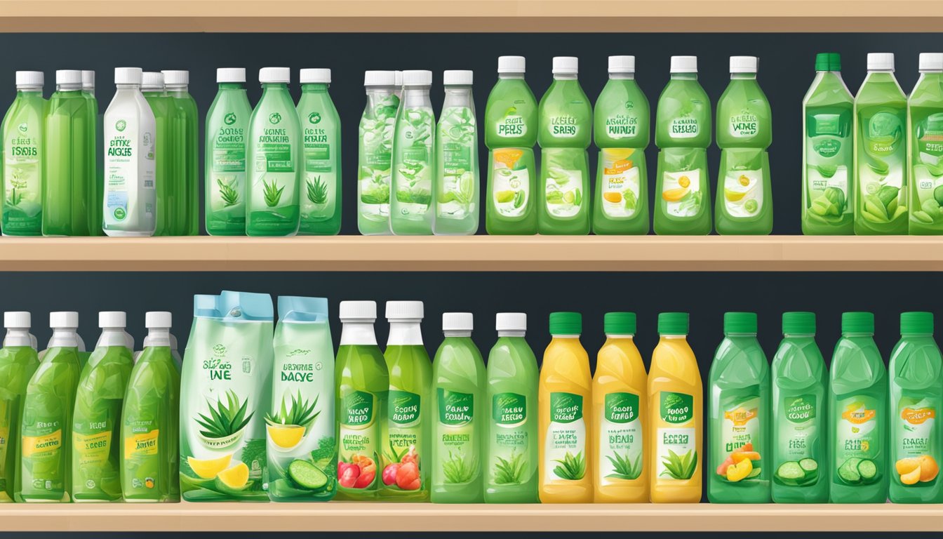 Aloe vera juice displayed on shelves in a Singaporean store, with clear signage and price tags for easy purchase