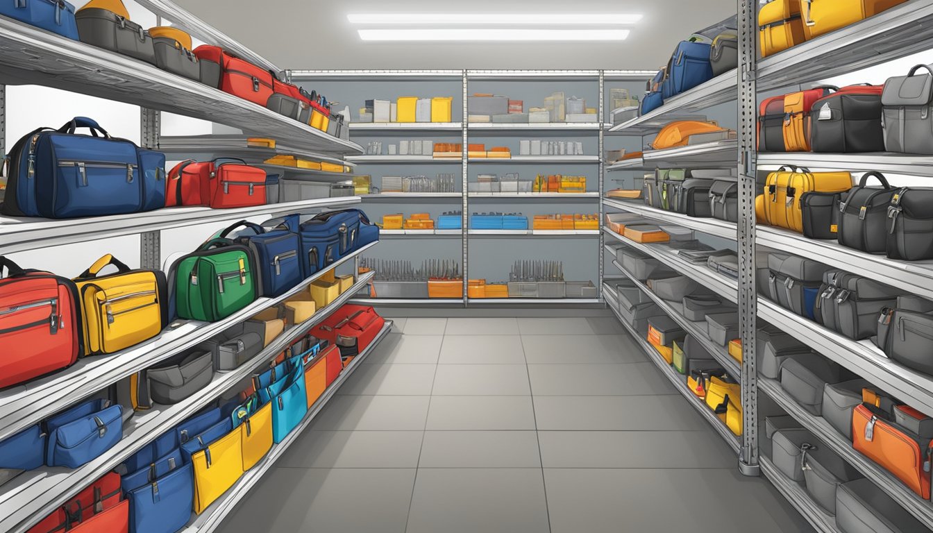A hardware store shelves display various tool bags in Singapore
