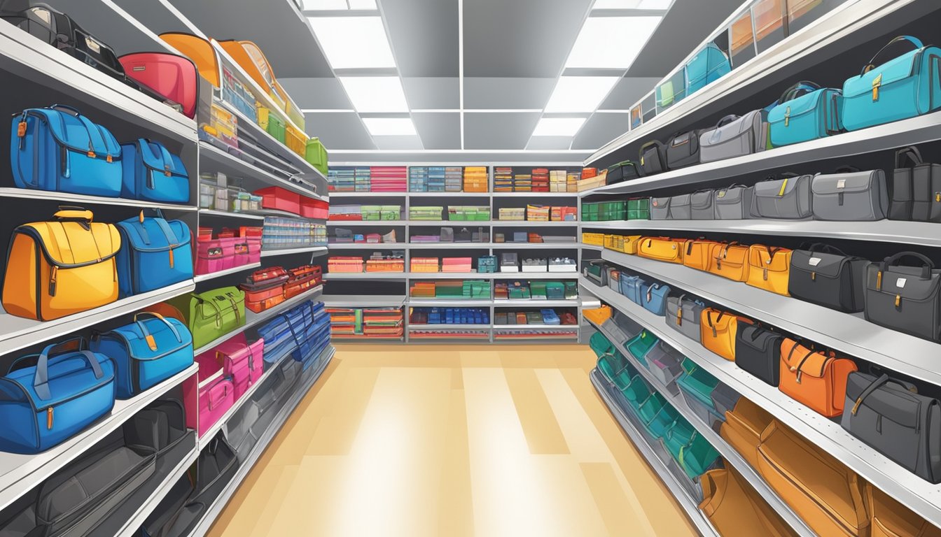 Various hardware stores display tool bags on shelves. Brightly lit aisles showcase a variety of sizes and styles. Customers browse the selection, examining the durability and functionality of each bag